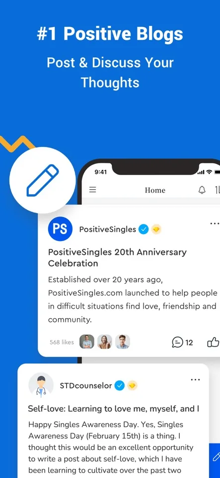 PositiveSingles features: official product screenshot showing discovery or community content